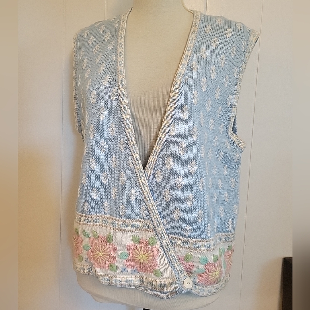 1988 Components By Susan Bristol Blue Pink Floral Sleeveless Sweater Vest Size M